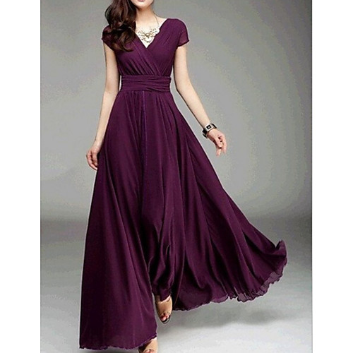 

Women's Swing Dress Maxi long Dress Purple Wine Green Light Green Short Sleeve Solid Colored Spring Deep V S M L XL