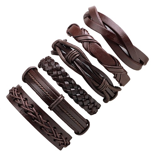 

6pcs Men's Leather Bracelet Braided Stack Classic Cowboy Fashion Cool Leather Bracelet Jewelry Black For Ceremony Casual Street