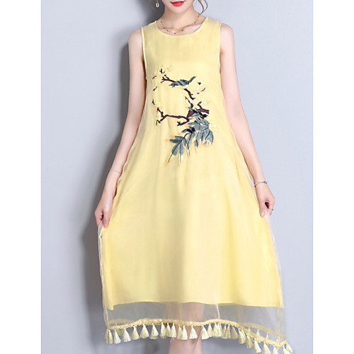 

Women's Shift Dress Midi Dress Yellow Green Sleeveless Solid Colored Summer Round Neck M L XL XXL