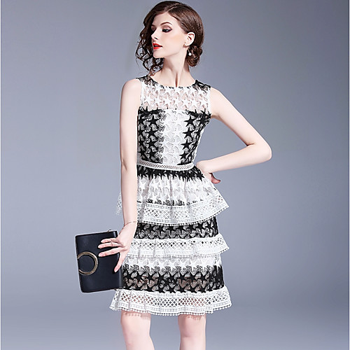 

Women's A Line Dress Knee Length Dress White Sleeveless Black & White Floral Color Block Geometric Embroidered Layered Cut Out Spring Summer Crew Neck Sophisticated S M L XL