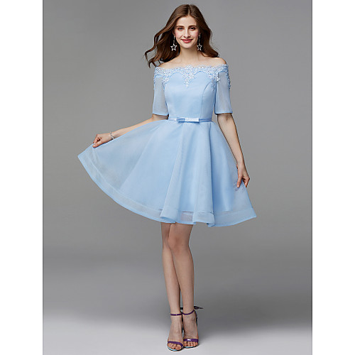 

A-Line Minimalist Lace Up Homecoming Prom Dress Off Shoulder Short Sleeve Short / Mini Tulle with Bow(s) 2021