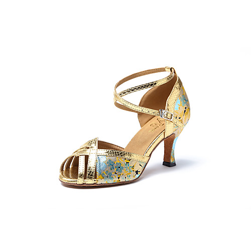 

Women's Latin Shoes Sneaker Satin Flower Cuban Heel Gold