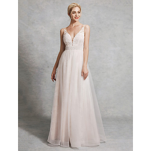 

A-Line Wedding Dresses V Neck Floor Length Lace Satin Tulle Regular Straps with Beading 2021