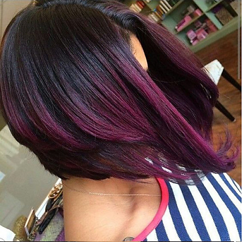 

Virgin Human Hair Lace Front Wig Bob Short Bob style Brazilian Hair Straight Purple Wig 130% Density with Baby Hair Ombre Hair Dark Roots Women's Short 8-14 Human Hair Lace Wig Aili Young Hair