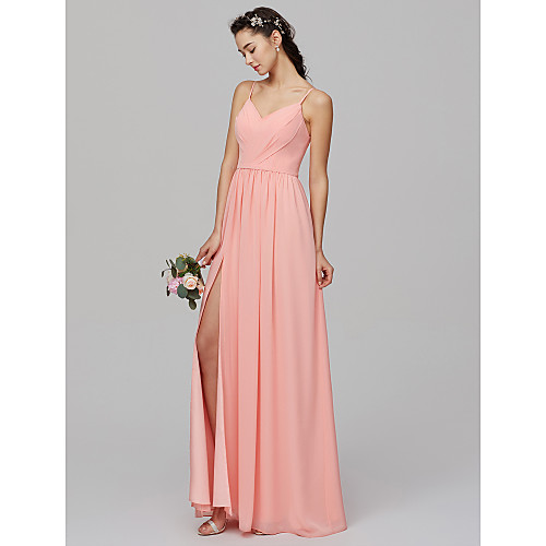 

A-Line Spaghetti Strap Floor Length Chiffon Bridesmaid Dress with Criss Cross / Split Front