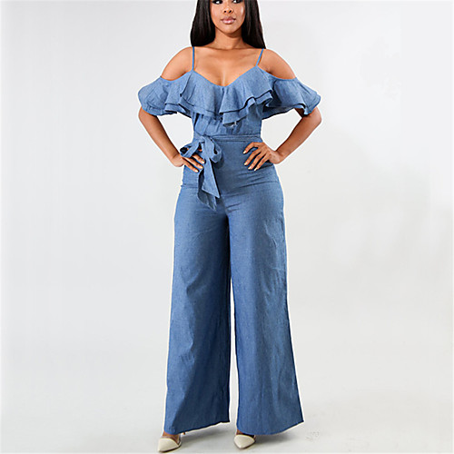 

Women's Basic Streetwear Going out Strap Off Shoulder Blue Jumpsuit Solid Colored Ruffle High Waist / Wide Leg / Sexy