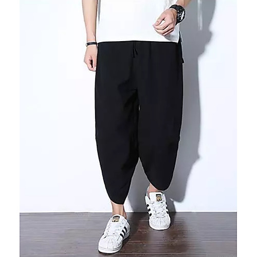 

Men's Basic Chinoiserie Linen Loose Sports Weekend Wide Leg Sweatpants Pants Solid Colored Full Length Black Wine Green