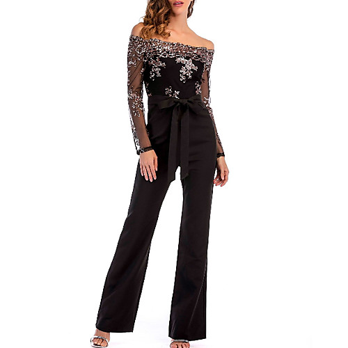 

Women's Off Shoulder Lace Party / Going out Sexy Off Shoulder Black Slim Jumpsuit Onesie, Color Block / Solid Colored Sequins S M L Long Sleeve Summer