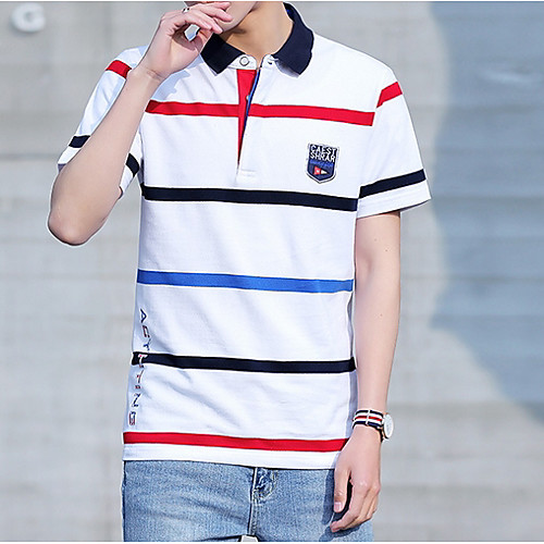

Men's Polo Striped Short Sleeve Daily Tops Cotton Basic White Navy Blue