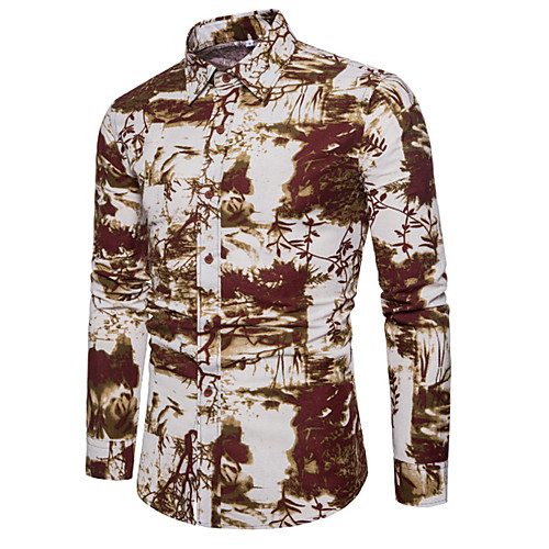 

Men's Shirt Floral Plus Size Long Sleeve Daily Tops Cotton Active Basic Brown Navy Blue