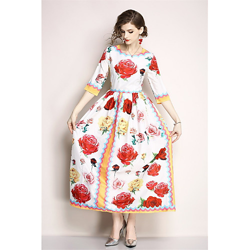 

Women's Sheath Dress Maxi long Dress Red Half Sleeve Floral Patchwork Print Spring Summer Round Neck Streetwear Sophisticated Floral S M L XL XXL 3XL / Plus Size