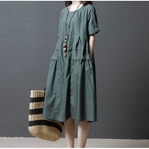 

Women's Shift Dress Midi Dress Black Wine Army Green Short Sleeve Solid Colored Round Neck Cotton M L XL XXL