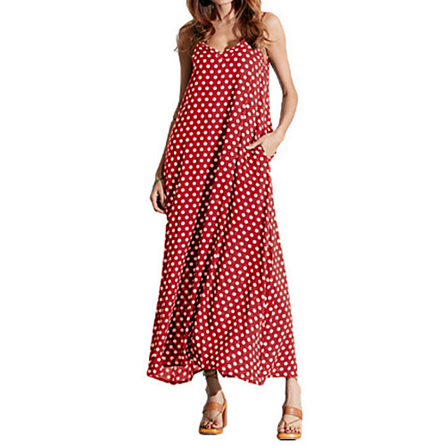 

Women's Strap Dress Maxi long Dress White Black Red Sleeveless Polka Dot Solid Colored Print Polka Dot S M L XL XXL 3XL 4XL / Plus Size