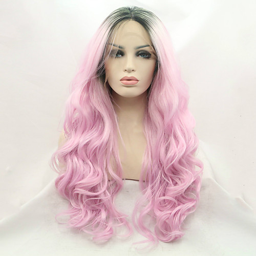 

Synthetic Lace Front Wig Wavy Middle Part Lace Front Wig Pink Long Black / Pink Synthetic Hair Women's Gift Silk Base Hair Ombre Hair Black Pink