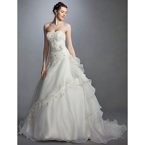 

Ball Gown Wedding Dresses Sweetheart Neckline Court Train Lace Organza Strapless with Sash / Ribbon Beading Appliques 2021