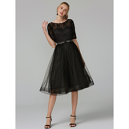 

A-Line Little Black Dress Holiday Homecoming Cocktail Party Dress Illusion Neck Half Sleeve Knee Length Tulle Lace Bodice with Lace Bow(s) 2021