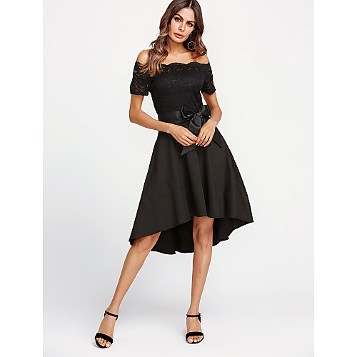 

Women's Sheath Dress - Short Sleeve Solid Color Lace Summer Off Shoulder Cocktail Party Lace Wine White Black Purple Blushing Pink Navy Blue S M L XL XXL / Cotton