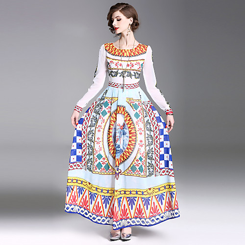 

Women's Swing Dress Maxi long Dress Rainbow Long Sleeve Paisley Print Summer Round Neck Streetwear Party Going out S M L XL XXL
