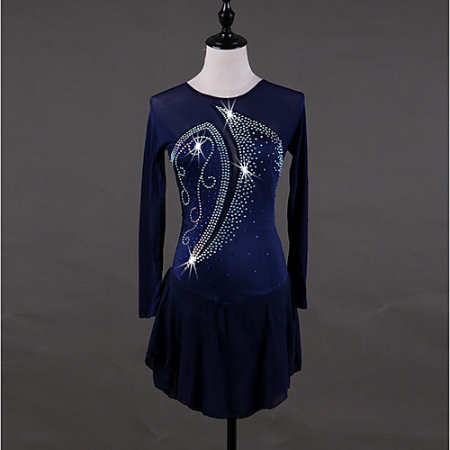 

Figure Skating Dress Women's Girls' Ice Skating Dress Dark Navy Stretch Yarn Stretchy Professional Competition Skating Wear Quick Dry Anatomic Design Handmade Classic Sexy Long Sleeve Performance Ice