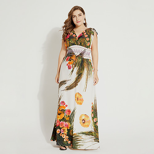 

Women's Tunic Maxi long Dress White Sleeveless Floral Summer V Neck Basic Slim Floral M L XL XXL 3XL 4XL 5XL 6XL / Plus Size / Plus Size