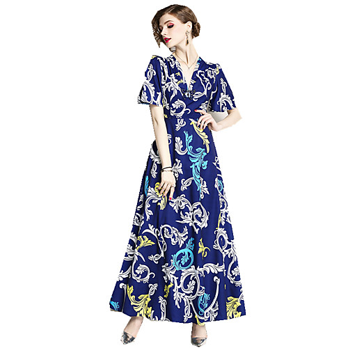 

Women's Sheath Dress Maxi long Dress Blue Short Sleeve Floral Print Summer V Neck Chinoiserie S M L XL XXL