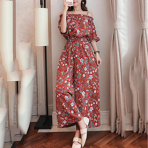 

Women's Plus Size Streetwear Boho Party Going out Strapless Strap Off Shoulder Red Romper Floral Plaid / Wide Leg / Sexy