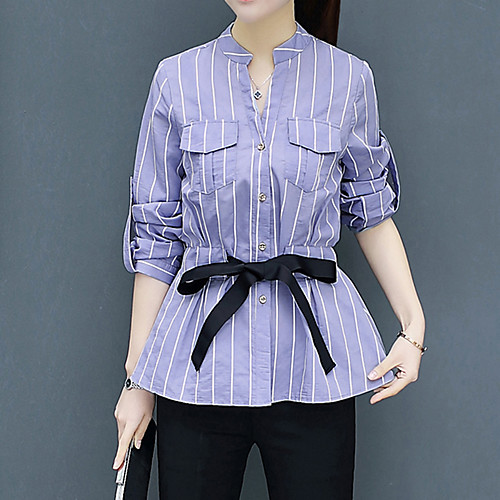 

Women's Shirt Striped Plus Size Long Sleeve Daily Tops Basic Streetwear White Blue Blushing Pink