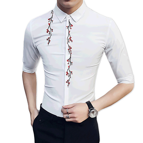 

Men's Shirt Floral 3/4 Length Sleeve Party Tops Cotton White