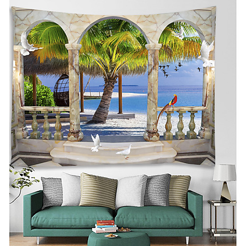 

Window Landscape Wall Tapestry Art Decor Blanket Curtain Picnic Tablecloth Hanging Home Bedroom Living Room Dorm Decoration Polyester Sea Ocean Beach Palm Animal
