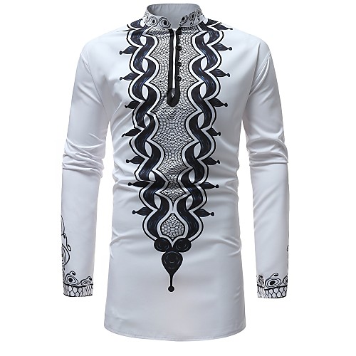 

Men's Shirt Geometric Tribal Print Long Sleeve Daily Tops Basic White