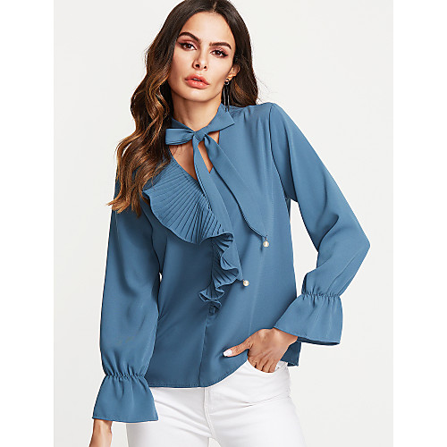 

Women's Blouse Solid Colored Long Sleeve Daily Tops White Blue Blushing Pink