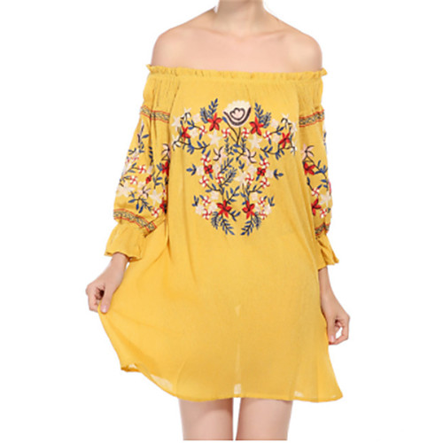 

Women's Shift Dress Short Mini Dress Red Yellow 3/4 Length Sleeve Black Tribal Print Summer Off Shoulder Puff Sleeve Cotton Off Shoulder S M L XL