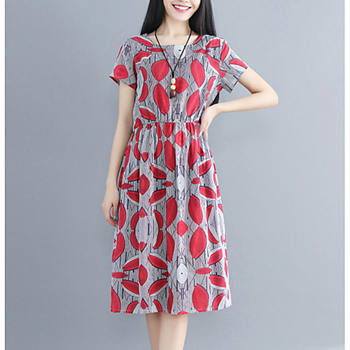 

Women's A Line Dress Midi Dress Red Green Short Sleeve Geometric Summer Round Neck Basic Cotton M L XL XXL