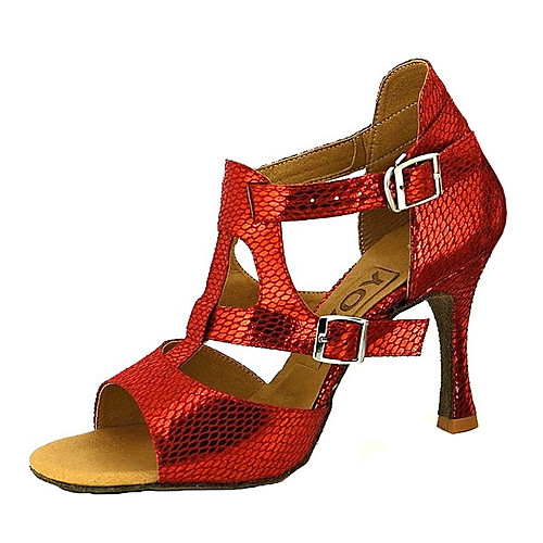 

Women's Latin Shoes Salsa Shoes Sandal Heel Buckle Ribbon Tie Customized Heel Golden Black Red Buckle