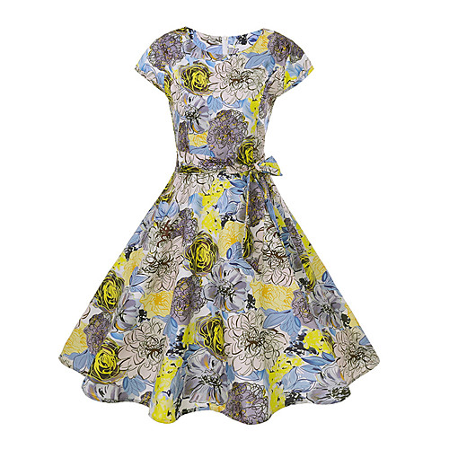 

Women's Swing Dress Knee Length Dress Yellow Short Sleeve Floral Print Summer Round Neck Cotton S M L XL XXL