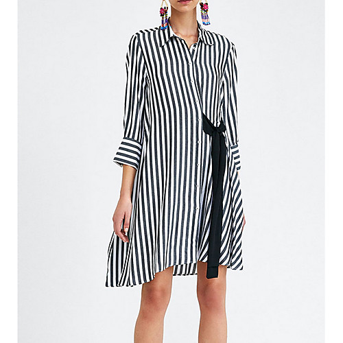 

Women's Shirt Dress Short Mini Dress Black Long Sleeve Striped Summer Shirt Collar S M L