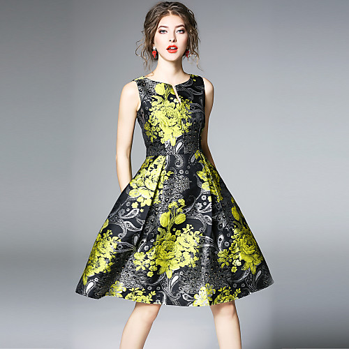 

Women's A Line Dress Knee Length Dress Green Sleeveless Floral Print Spring Summer V Neck Vintage Streetwear Party Going out Floral S M L XL XXL / High Waist