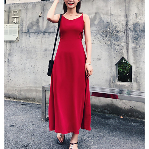 

Women's Swing Dress Maxi long Dress Black Red Sleeveless Solid Colored Summer Round Neck S M L