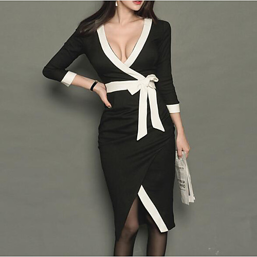 

Women's Shift Dress Knee Length Dress Black 3/4 Length Sleeve Black & White Solid Colored Pleated Spring Round Neck Cute Puff Sleeve Cotton S M L XL / Plus Size
