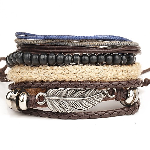 

4pcs Men's Wrap Bracelet Leather Bracelet Rope Fashion Leather Bracelet Jewelry Brown Bowknot For Daily Street