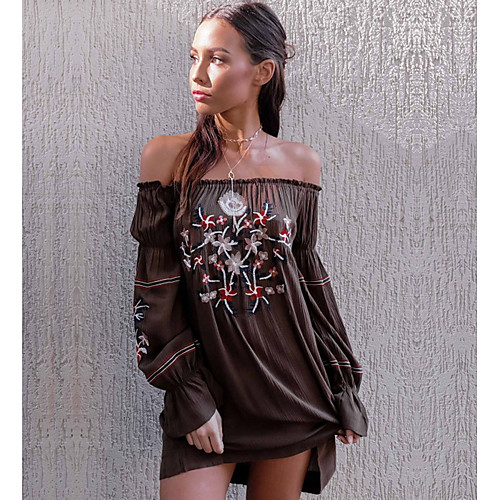 

Women's A Line Dress Short Mini Dress Brown Long Sleeve Boat Neck S M L