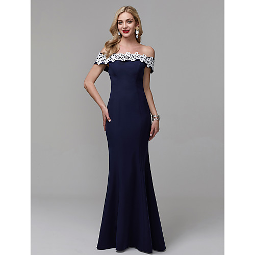 

Sheath / Column Minimalist Elegant Floral Prom Formal Evening Dress Off Shoulder Short Sleeve Floor Length Lace with Appliques 2021