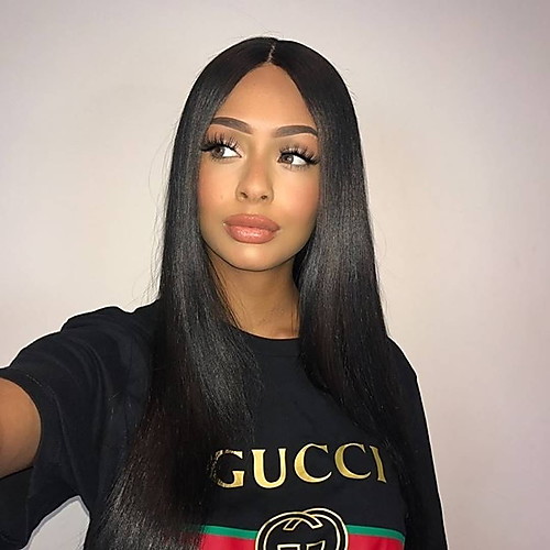 

Remy Human Hair Glueless Lace Front Wig Free Part Kardashian style Brazilian Hair Straight Natural Black Wig 130% Density 8-24 inch Free Shipping with Baby Hair 100% Virgin Pre-Plucked Bleached Knots