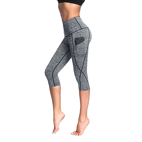 

Women's High Waist Yoga Pants Side Pockets Capri Leggings 4 Way Stretch Breathable Anatomic Design Stripes Black Grey Rough Black Spandex Non See-through Zumba Running Fitness Plus Size Sports