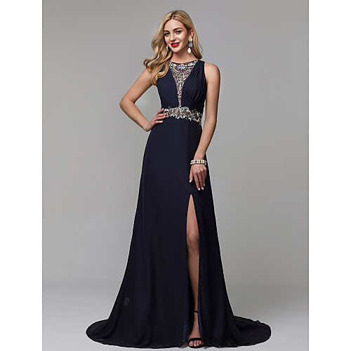 

A-Line Luxurious Engagement Formal Evening Dress Jewel Neck Sleeveless Court Train Chiffon with Crystals Beading Split 2021