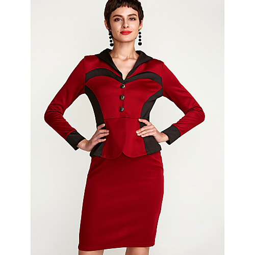 

Women's Bodycon Knee Length Dress White Blushing Pink Wine Long Sleeve Black & White White Dusty Rose Color Block Patchwork Fall Spring Shirt Collar Streetwear S M L XL XXL