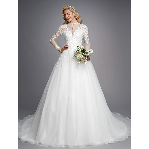 

Ball Gown Wedding Dresses High Neck Court Train Lace Tulle Long Sleeve Romantic Plus Size Illusion Sleeve with Beading Appliques 2021