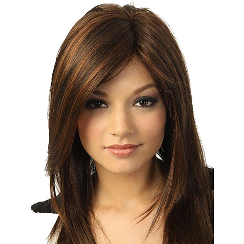 

Synthetic Wig Straight Natural Wave Straight Side Part With Bangs Wig Medium Length Brown Synthetic Hair 18 inch Women's Highlighted / Balayage Hair Brown