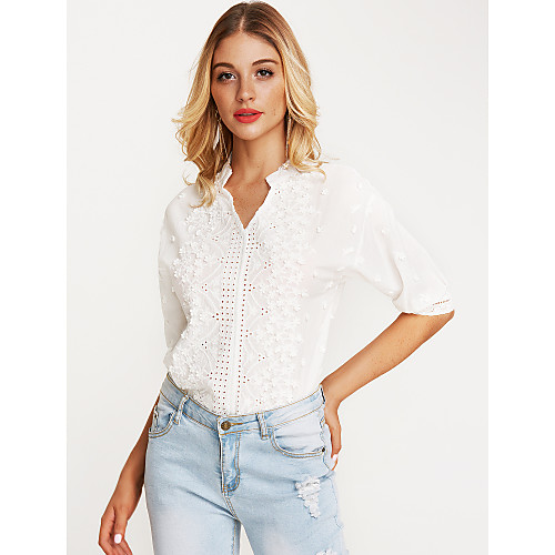 

Women's Blouse Solid Colored Long Sleeve Daily Tops Cotton Chic & Modern White