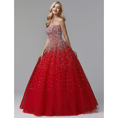 

Ball Gown Luxurious Quinceanera Formal Evening Dress Strapless Sleeveless Floor Length Satin Tulle with Crystals 2021